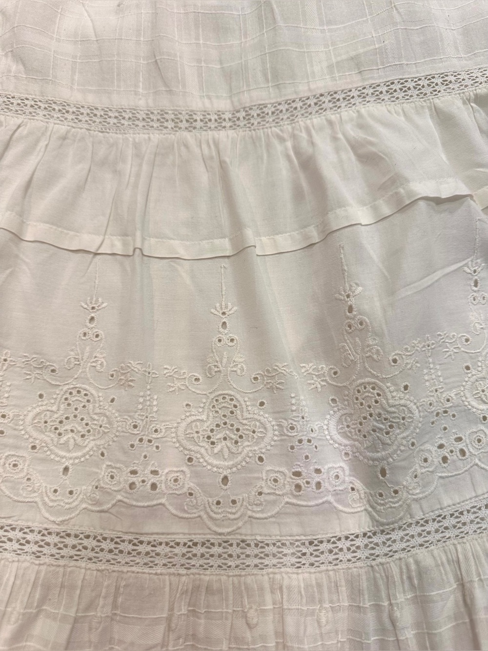 Ivory White Eyelet Lace Maxi Skirt Womens 10 Cottagecore Boho Tiered Long Cotton - Picture 9 of 12